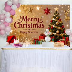 Lofaris Golden Glitter Merry Christmas and Happy New Year Party Backdrop with Tree and Gifts, Festive Holiday Decor