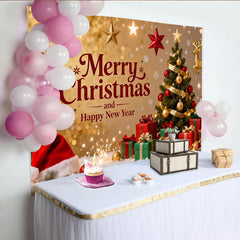 Lofaris Golden Glitter Merry Christmas and Happy New Year Party Backdrop with Tree and Gifts, Festive Holiday Decor