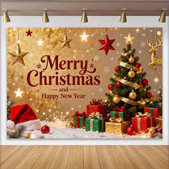 Lofaris Golden Glitter Merry Christmas and Happy New Year Party Backdrop with Tree and Gifts, Festive Holiday Decor