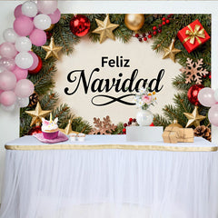Lofaris Feliz Navidad Holiday Party Backdrop with Festive Red and Gold Ornaments, Pine Branches and Gift Boxes