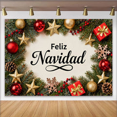 Lofaris Feliz Navidad Holiday Party Backdrop with Festive Red and Gold Ornaments, Pine Branches and Gift Boxes