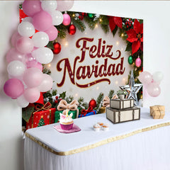 Lofaris Feliz Navidad Christmas Party Backdrop with Poinsettias, Pine Branches and Festive Gifts