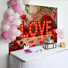 Lofaris Elegant Red Roses and Illuminated LOVE Letters Party Backdrop, Romantic Valentine's Day Celebration Decor