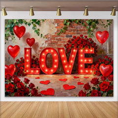 Lofaris Elegant Red Roses and Illuminated LOVE Letters Party Backdrop, Romantic Valentine's Day Celebration Decor