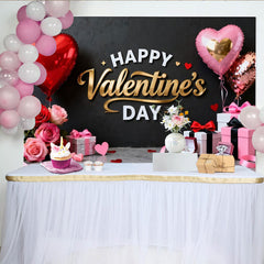 Lofaris Happy Valentine's Day Black and Gold Party Backdrop with Red Pink Hearts and Roses, Romantic Celebration