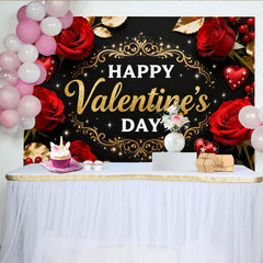 Lofaris Happy Valentine's Day Party Backdrop with Red Roses and Gold Glitter Hearts, Black Background Decor