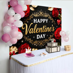 Lofaris Happy Valentine's Day Party Backdrop with Red Roses and Gold Glitter Hearts, Black Background Decor