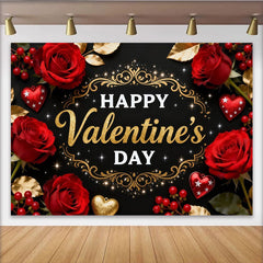 Lofaris Happy Valentine's Day Party Backdrop with Red Roses and Gold Glitter Hearts, Black Background Decor