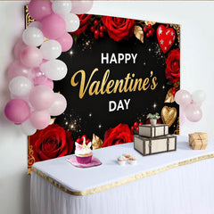 Lofaris Elegant Black and Gold Happy Valentine's Day Party Backdrop, Romantic Red Roses and Glitter Hearts Decor