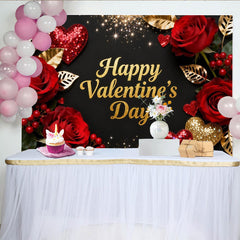 Lofaris Elegant Black and Gold Glitter Happy Valentine's Day Party Backdrop, Romantic Red Roses and Hearts Decor