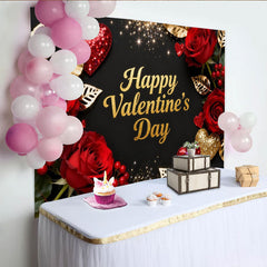 Lofaris Elegant Black and Gold Glitter Happy Valentine's Day Party Backdrop, Romantic Red Roses and Hearts Decor