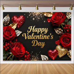 Lofaris Elegant Black and Gold Glitter Happy Valentine's Day Party Backdrop, Romantic Red Roses and Hearts Decor