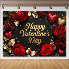 Lofaris Black and Gold Glitter Happy Valentine's Day Party Backdrop with Red Roses and Hearts, Romantic Celebration Decor