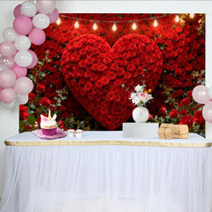 Lofaris Elegant Red Rose Heart Wall Party Backdrop with String Lights, Romantic Valentine's Day Decor