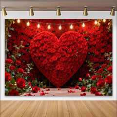 Lofaris Elegant Red Rose Heart Wall Party Backdrop with String Lights, Romantic Valentine's Day Decor