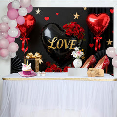Lofaris Black and Red Love Heart Balloons, Gold Glitter Roses Party Backdrop, Elegant Valentine's Day Celebration