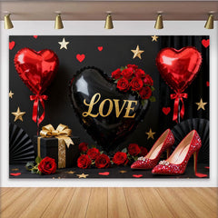 Lofaris Black and Red Love Heart Balloons, Gold Glitter Roses Party Backdrop, Elegant Valentine's Day Celebration
