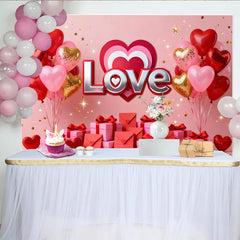 Lofaris Red Pink Gold Love Heart Balloons and Gifts Party Backdrop, Romantic Valentine's Day Anniversary Decor