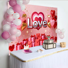 Lofaris Red Pink Gold Love Heart Balloons and Gifts Party Backdrop, Romantic Valentine's Day Anniversary Decor