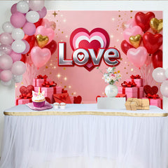 Lofaris Pink and Red Heart Balloons with Love Text Party Backdrop, Romantic Valentine's Day Anniversary Engagement Decor
