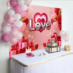 Lofaris Pink and Red Heart Balloons with Love Text Party Backdrop, Romantic Valentine's Day Anniversary Engagement Decor