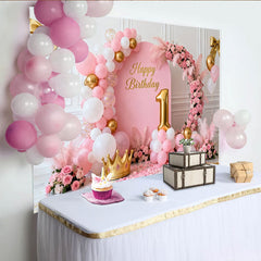 Lofaris Pink and Gold Happy 1st Birthday Party Backdrop, Elegant Floral and Balloon Arch Princess Celebration Decor