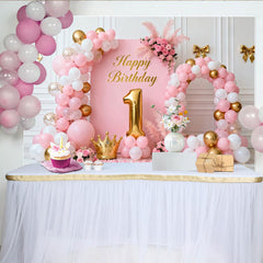 Lofaris Sweet Pink and Gold Happy 1st Birthday Party Backdrop with Balloons, Crown, and Flowers for Baby Girl