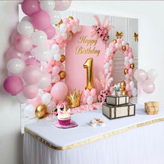 Lofaris Sweet Pink and Gold Happy 1st Birthday Party Backdrop with Balloons, Crown, and Flowers for Baby Girl