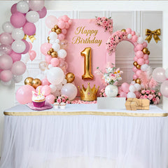 Lofaris Elegant Pink and Gold Happy Birthday 1st Party Backdrop with Crown, Balloons and Floral Decor for Girls Celebration