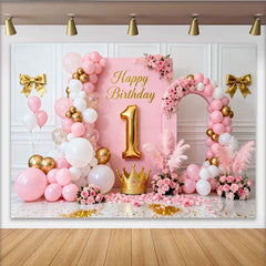 Lofaris Elegant Pink and Gold Happy Birthday 1st Party Backdrop with Crown, Balloons and Floral Decor for Girls Celebration