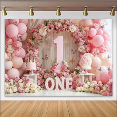 Lofaris Elegant Pink and White Floral First Birthday Party Backdrop, featuring Number One, Balloons and Butterflies