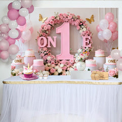 Lofaris Pink and White Floral ONE First Birthday Party Backdrop, Elegant Baby Girl Celebration Decor with Gold Butterflies