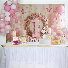 Lofaris Elegant Pink Floral Wreath Number One Party Backdrop with Balloons and Butterflies, Baby Girl First Birthday