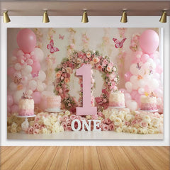 Lofaris Elegant Pink Floral Wreath Number One Party Backdrop with Balloons and Butterflies, Baby Girl First Birthday
