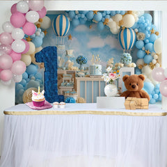 Lofaris Dreamy Blue and White Hot Air Balloon First Birthday Party Backdrop, Number One and Cute Teddy Bear