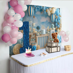 Lofaris Dreamy Blue and White Hot Air Balloon First Birthday Party Backdrop, Number One and Cute Teddy Bear