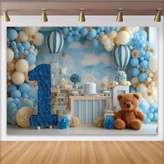 Lofaris Dreamy Blue and White Hot Air Balloon First Birthday Party Backdrop, Number One and Cute Teddy Bear
