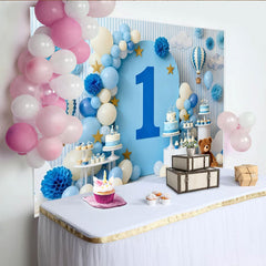 Lofaris Dreamy Blue and White Hot Air Balloon First Birthday Party Backdrop, Sky Clouds and Stars Celebration