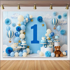 Lofaris Dreamy Blue and White Hot Air Balloon First Birthday Party Backdrop, Sky Clouds and Stars Celebration