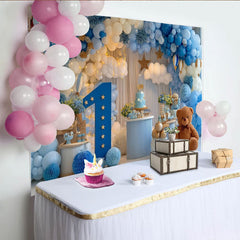 Lofaris Blue and White Hot Air Balloon First Birthday Party Backdrop, Dreamy Sky Theme Celebration Decor