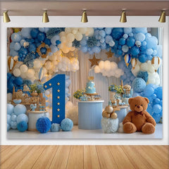 Lofaris Blue and White Hot Air Balloon First Birthday Party Backdrop, Dreamy Sky Theme Celebration Decor