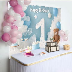 Lofaris Blue and White Clouds and Balloons Happy First Birthday Party Backdrop, Number One Celebration Decor