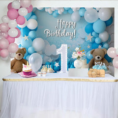 Lofaris Blue and White Happy Birthday Party Backdrop with Number One, Teddy Bears and Balloons
