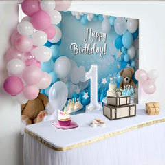 Lofaris Blue and White Happy Birthday Party Backdrop with Number One, Teddy Bears and Balloons