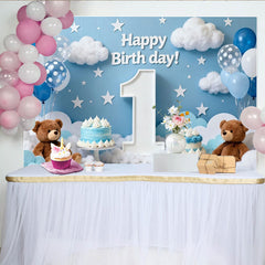 Lofaris Happy First Birthday Blue Sky Party Backdrop with Clouds, Stars, Balloons, and Teddy Bears