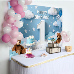 Lofaris Happy First Birthday Blue Sky Party Backdrop with Clouds, Stars, Balloons, and Teddy Bears