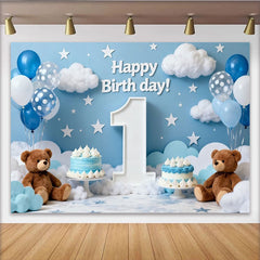 Lofaris Happy First Birthday Blue Sky Party Backdrop with Clouds, Stars, Balloons, and Teddy Bears