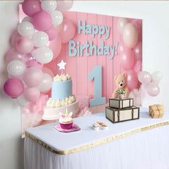 Lofaris Pink and Blue Happy Birthday 1st Party Backdrop with Balloons, Cake, and Teddy Bear, Baby Shower Decor