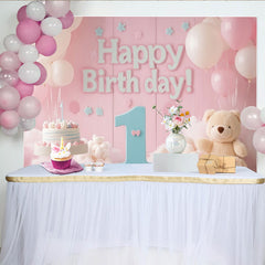 Lofaris Pink and Blue Happy 1st Birthday Party Backdrop with Balloons and Cake, Teddy Bear Baby Girl Decor