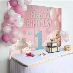 Lofaris Pink and Blue Happy 1st Birthday Party Backdrop with Balloons and Cake, Teddy Bear Baby Girl Decor
